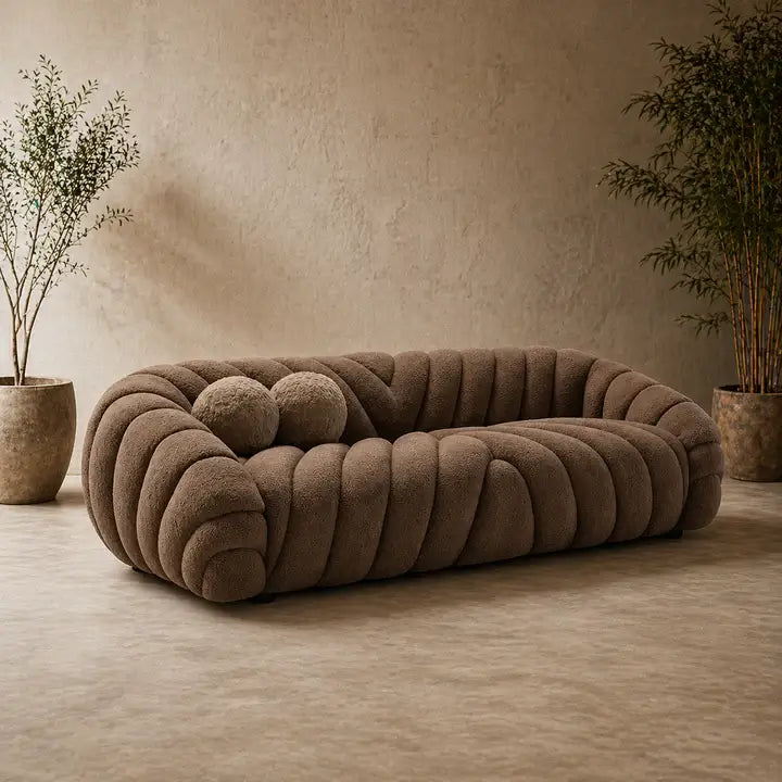 Brown textured sofa in a room with beige walls and plants.