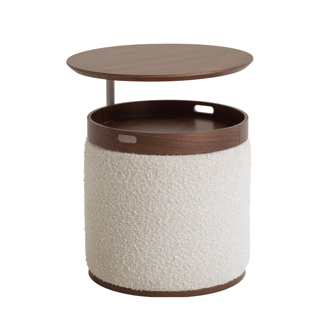 Side table with wooden top and textured white base on a white background