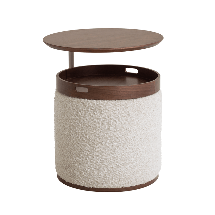 Side table with wooden top and textured white base on a white background