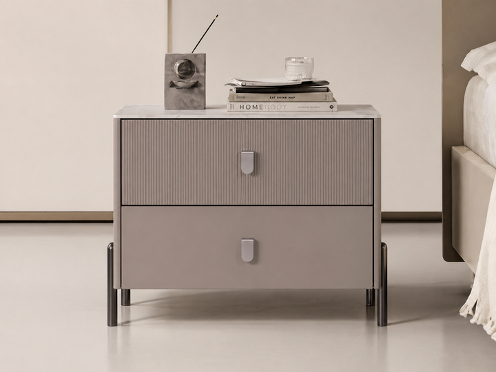 Modern nightstand with two drawers in a bedroom setting