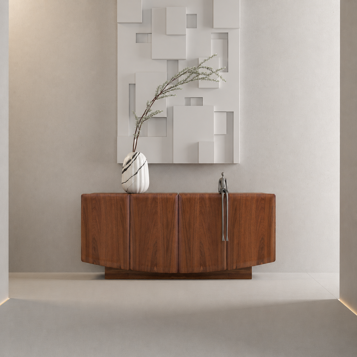 Wooden bathroom vanity with mirror and decorative vase in a modern setting