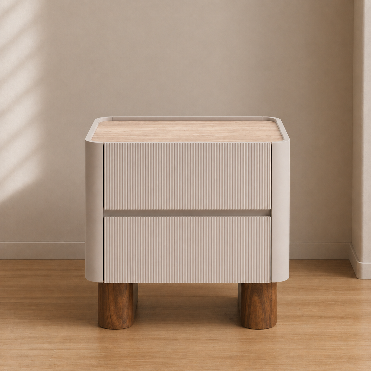 Modern nightstand with wooden legs and a light wood top against a beige wall.
