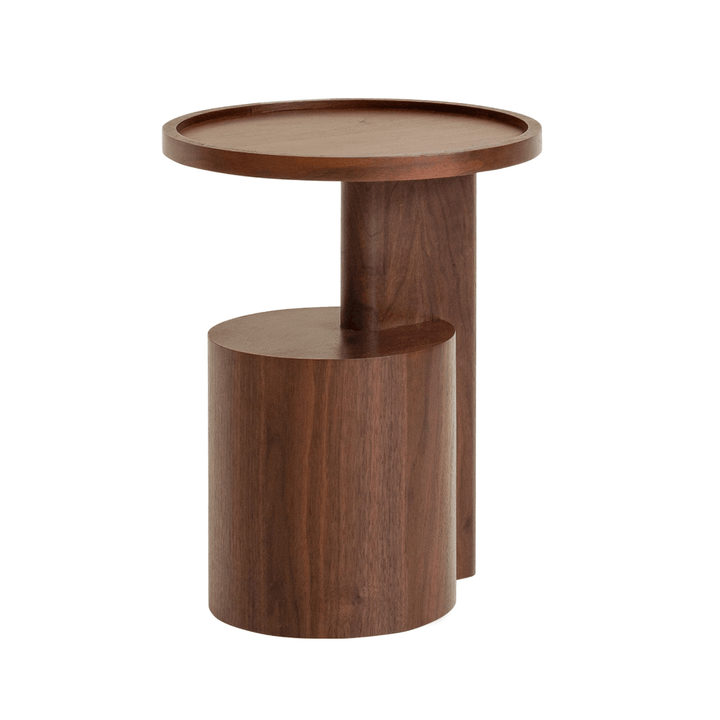 Wooden side table with round top and cylindrical base on a white background