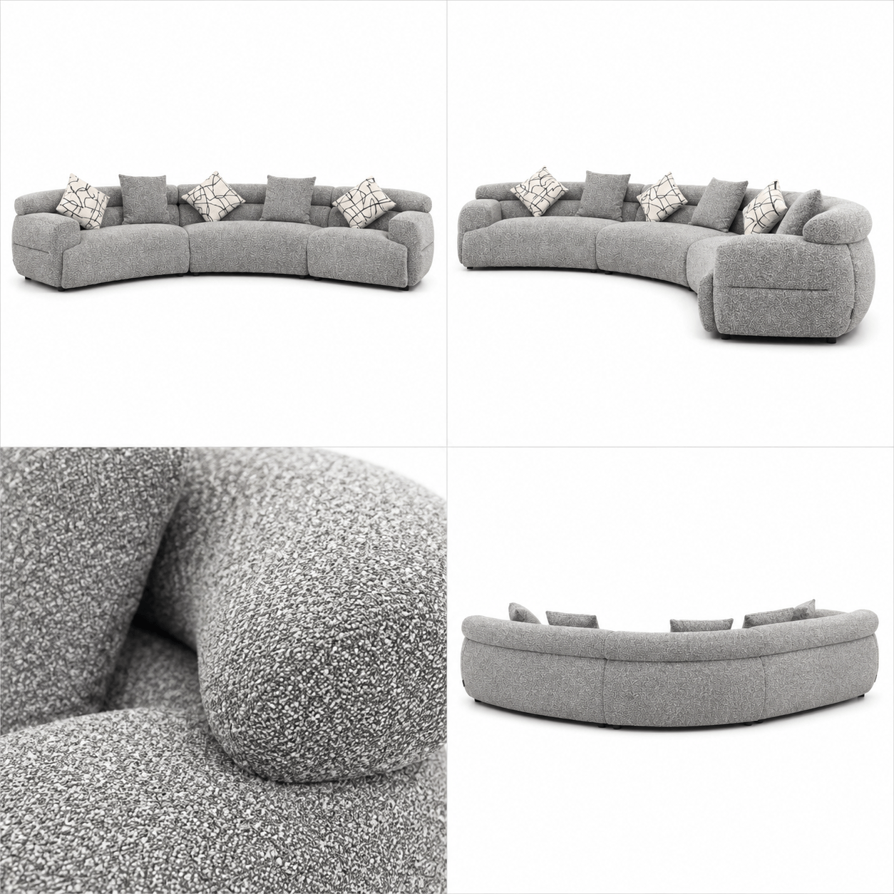 Gray sectional sofa with patterned cushions on a white background