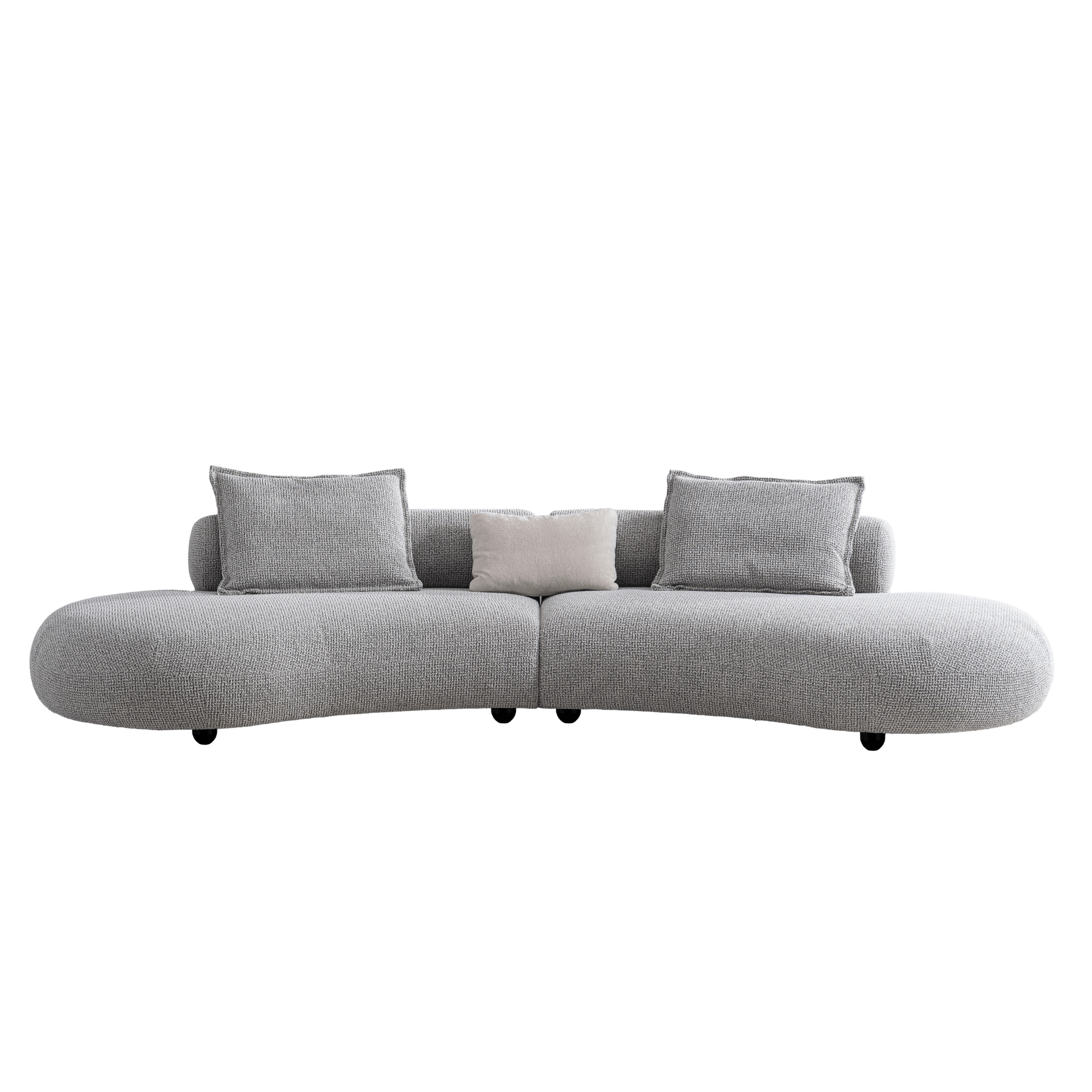 Gray curved sofa with cushions on a white background