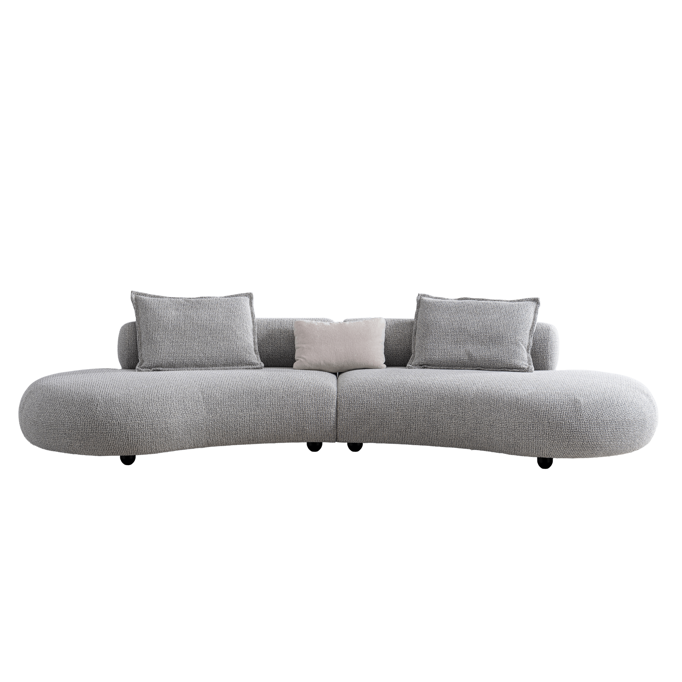 Gray curved sofa with cushions on a white background