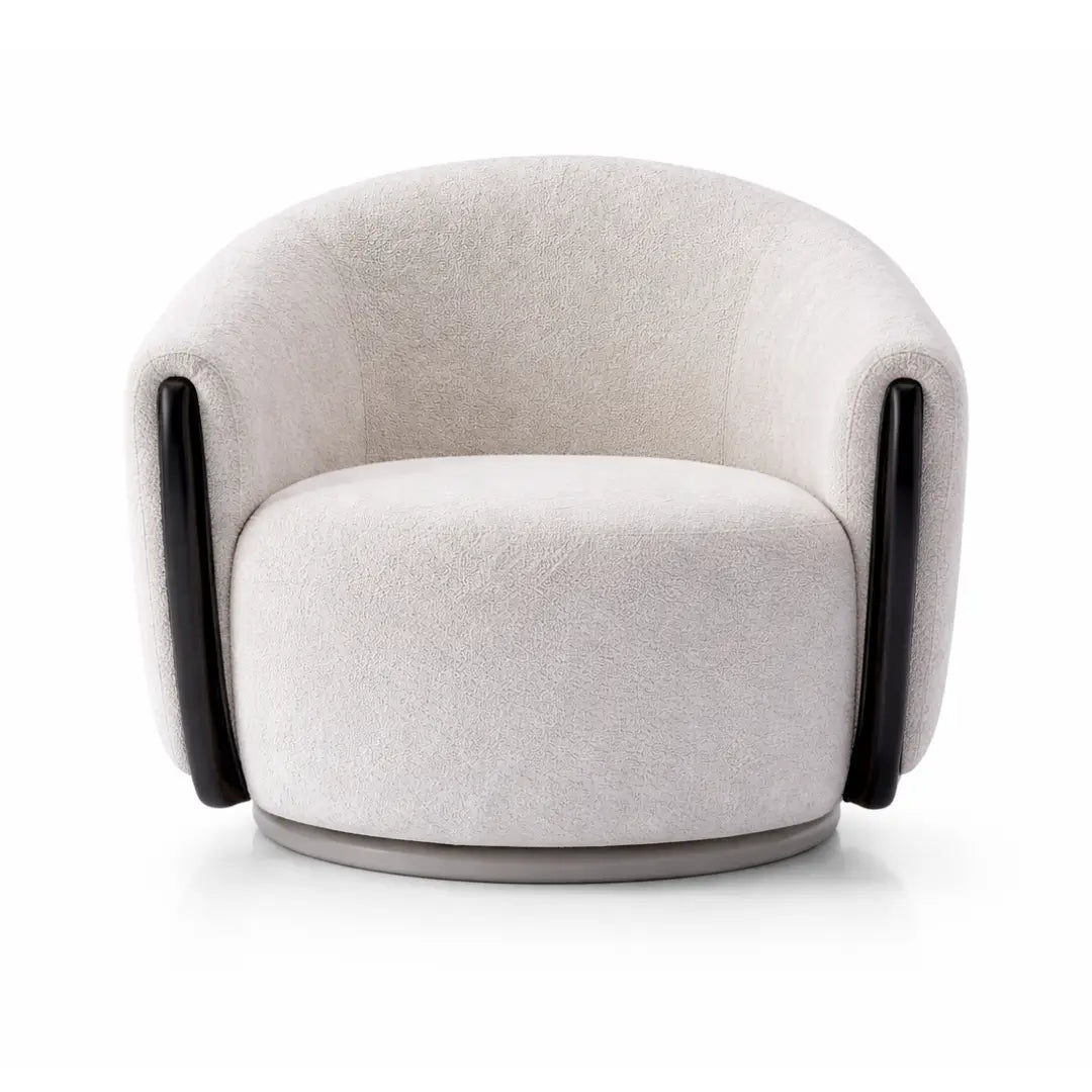 Modern armchair with light gray upholstery and black armrests on a white background