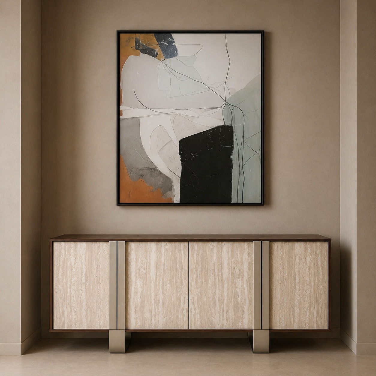 Abstract painting on a wall above a wooden cabinet in a room.