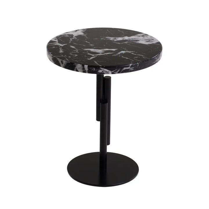 Round black marble table with a black base on a white background
