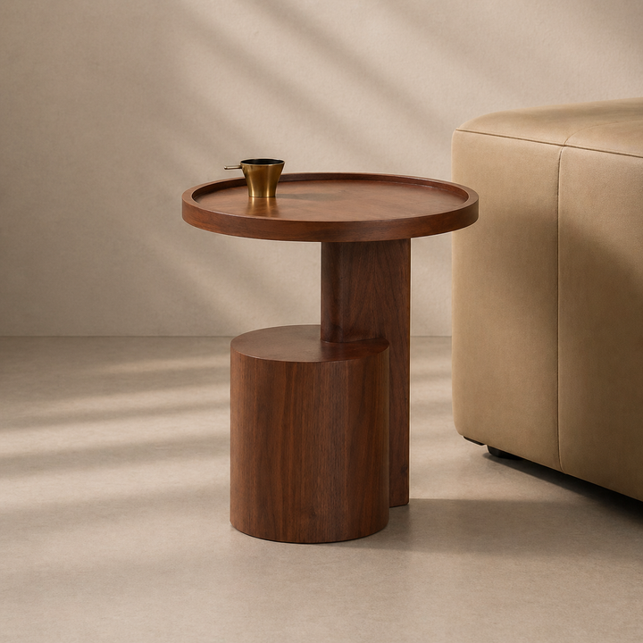 Wooden side table with a gold cup on a beige background