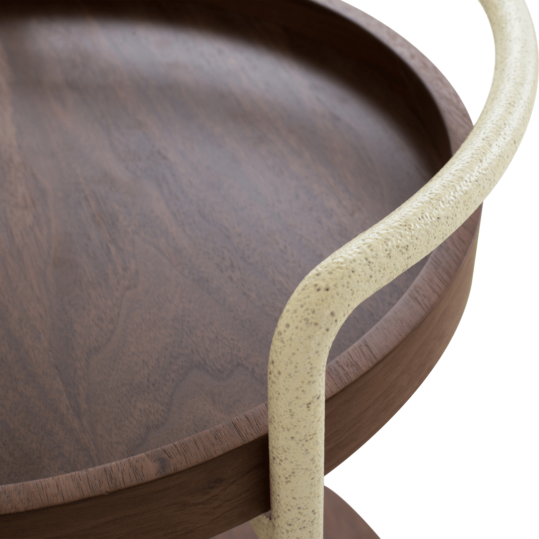 Wooden tray with a beige metal handle on a white background
