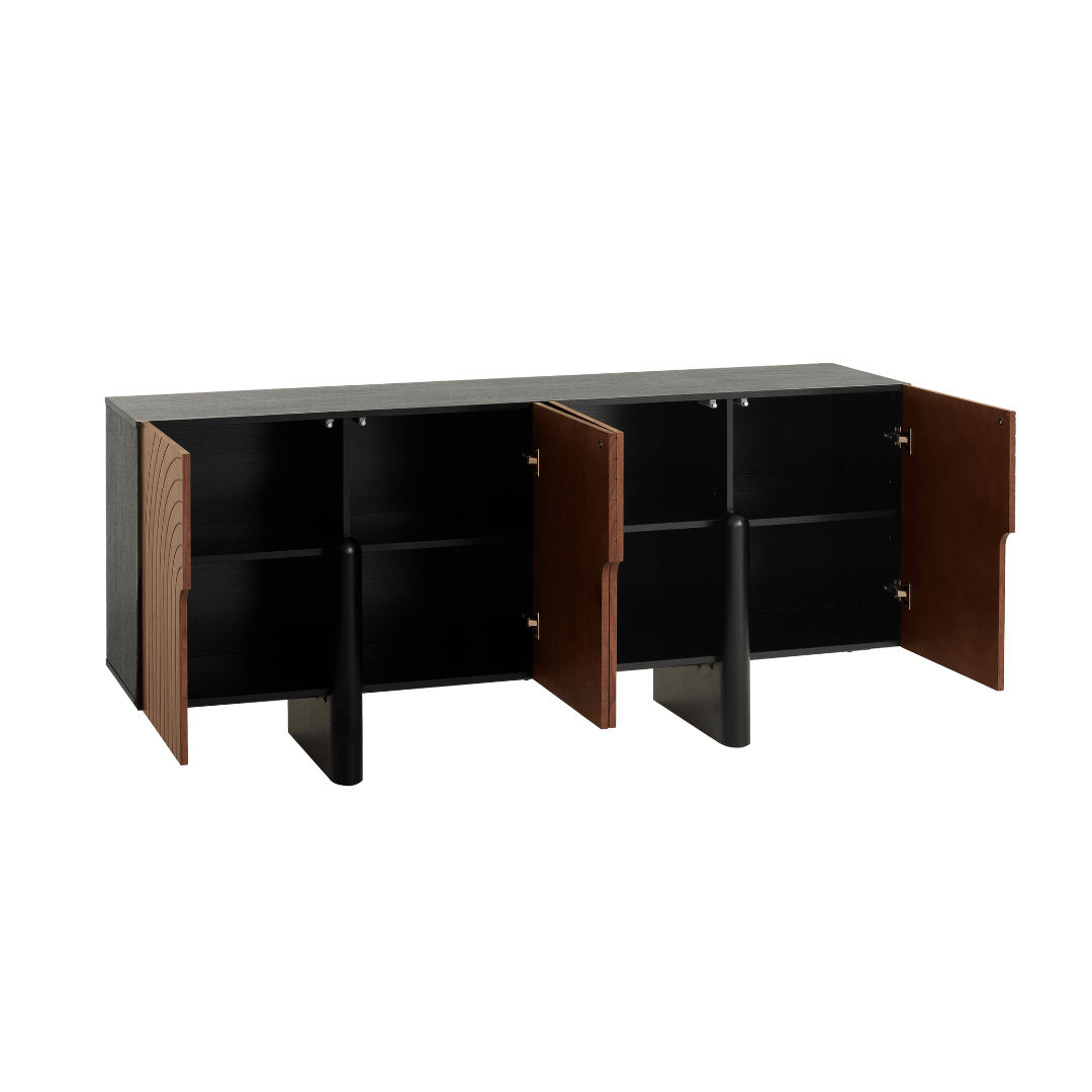 Black and brown cabinet with open doors on a white background