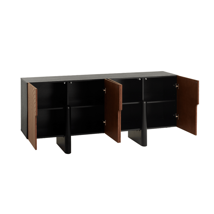 Black and brown cabinet with open doors on a white background