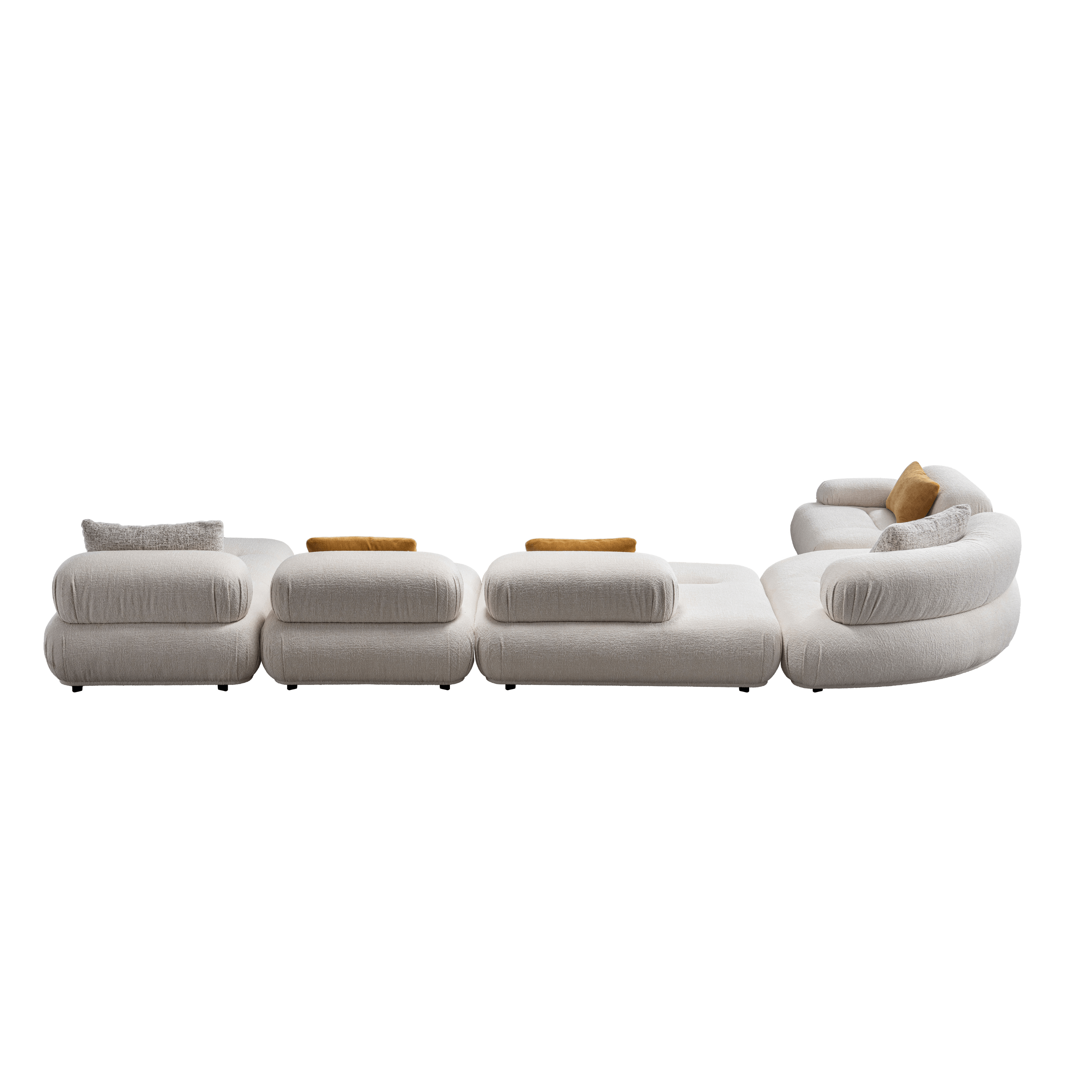 Modern white sofa with wooden accents on a white background