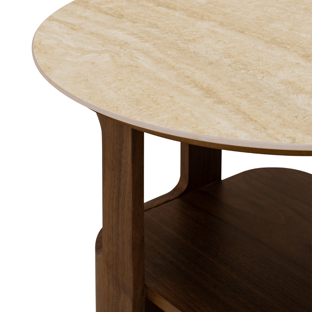 Close-up of a wooden side table with a light-colored top and dark brown legs.