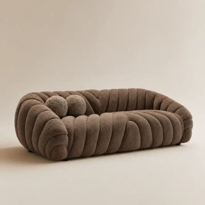 Brown textured dog bed on a beige background