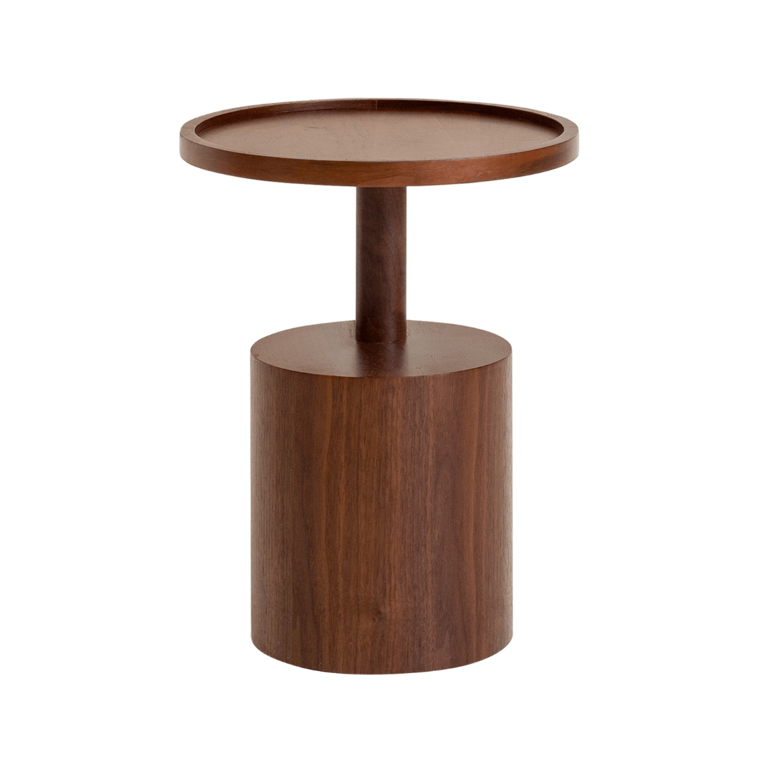 Wooden side table with round top and cylindrical base on a white background