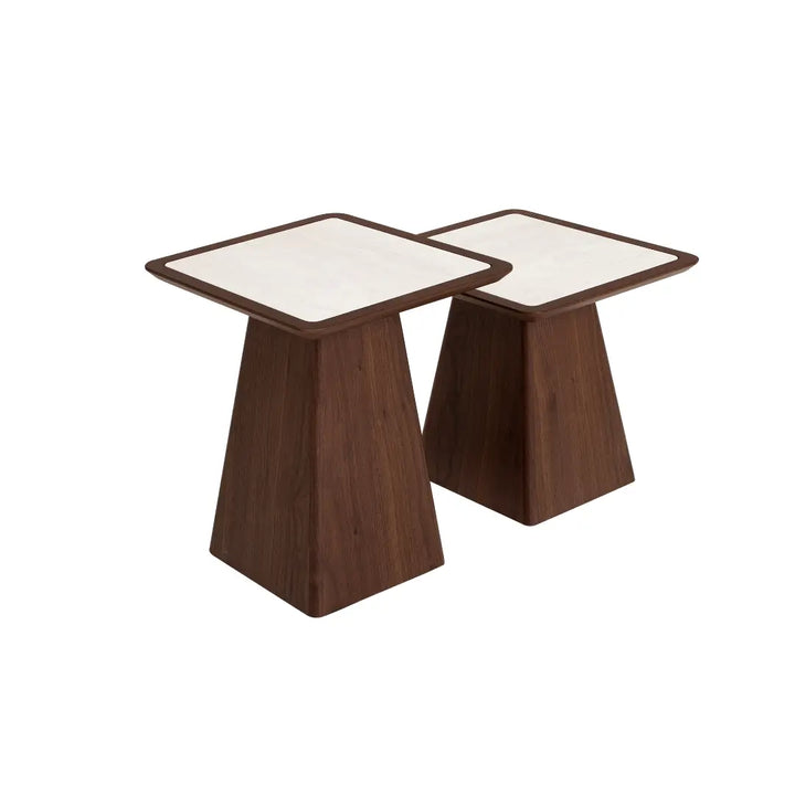 Two wooden side tables with white ceramic tops on a white background