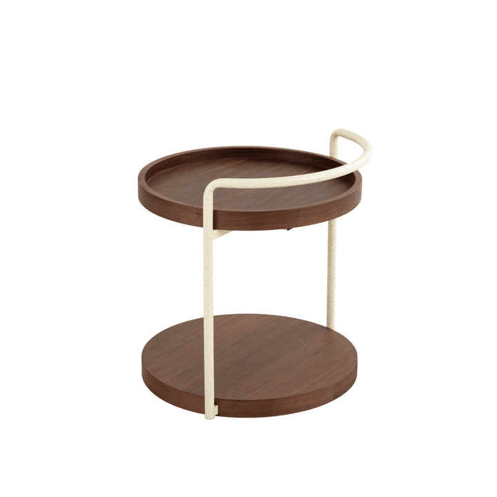 Wooden serving cart with a white handle on a white background