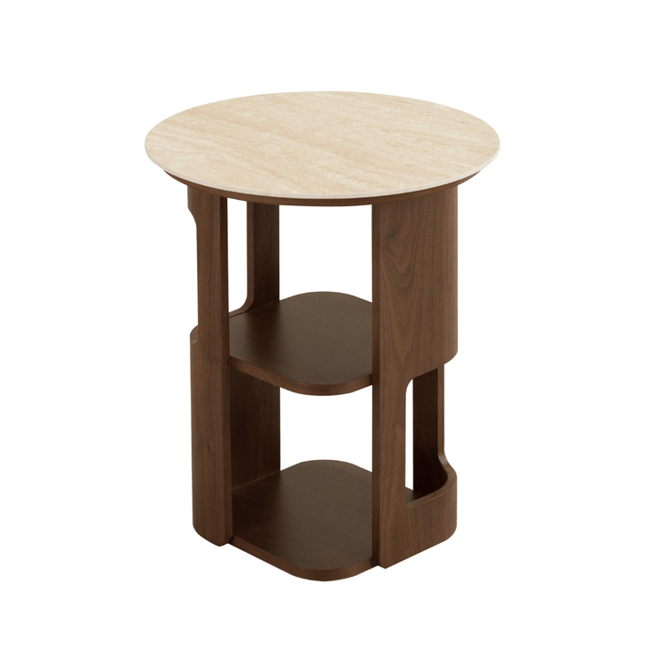 Round wooden side table with a light wood top and dark wood base on a white background