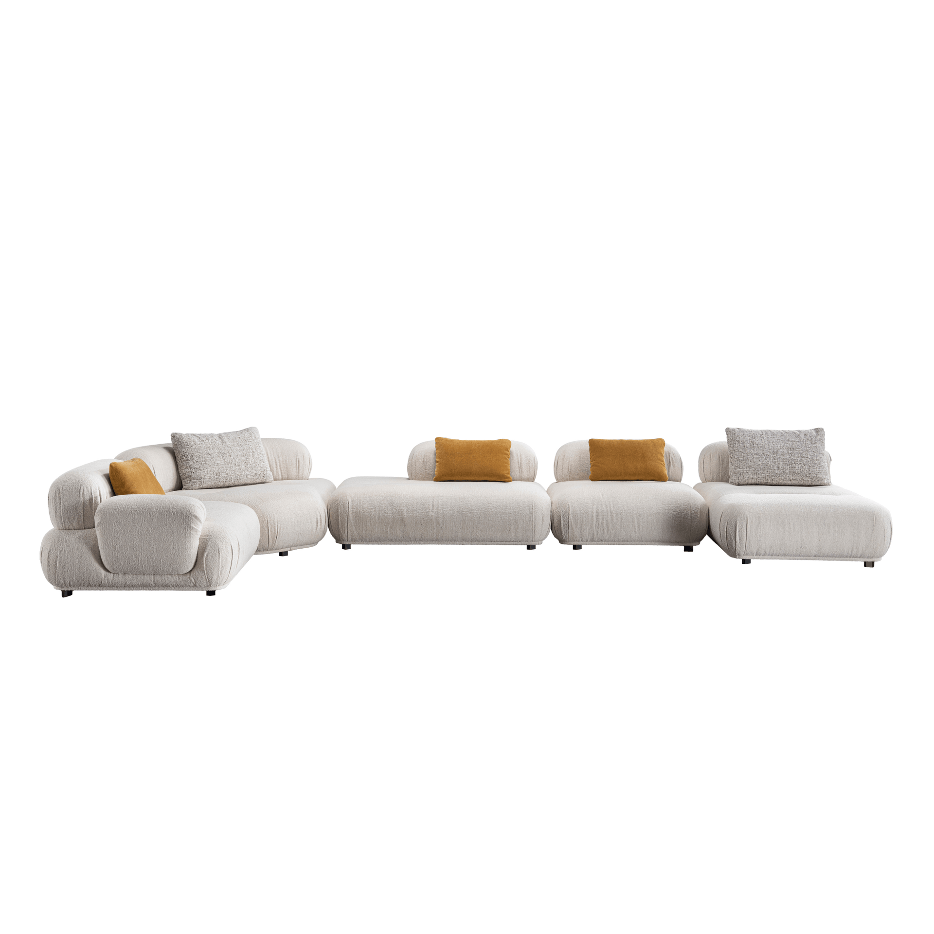 Modern white sectional sofa with yellow and gray cushions on a white background