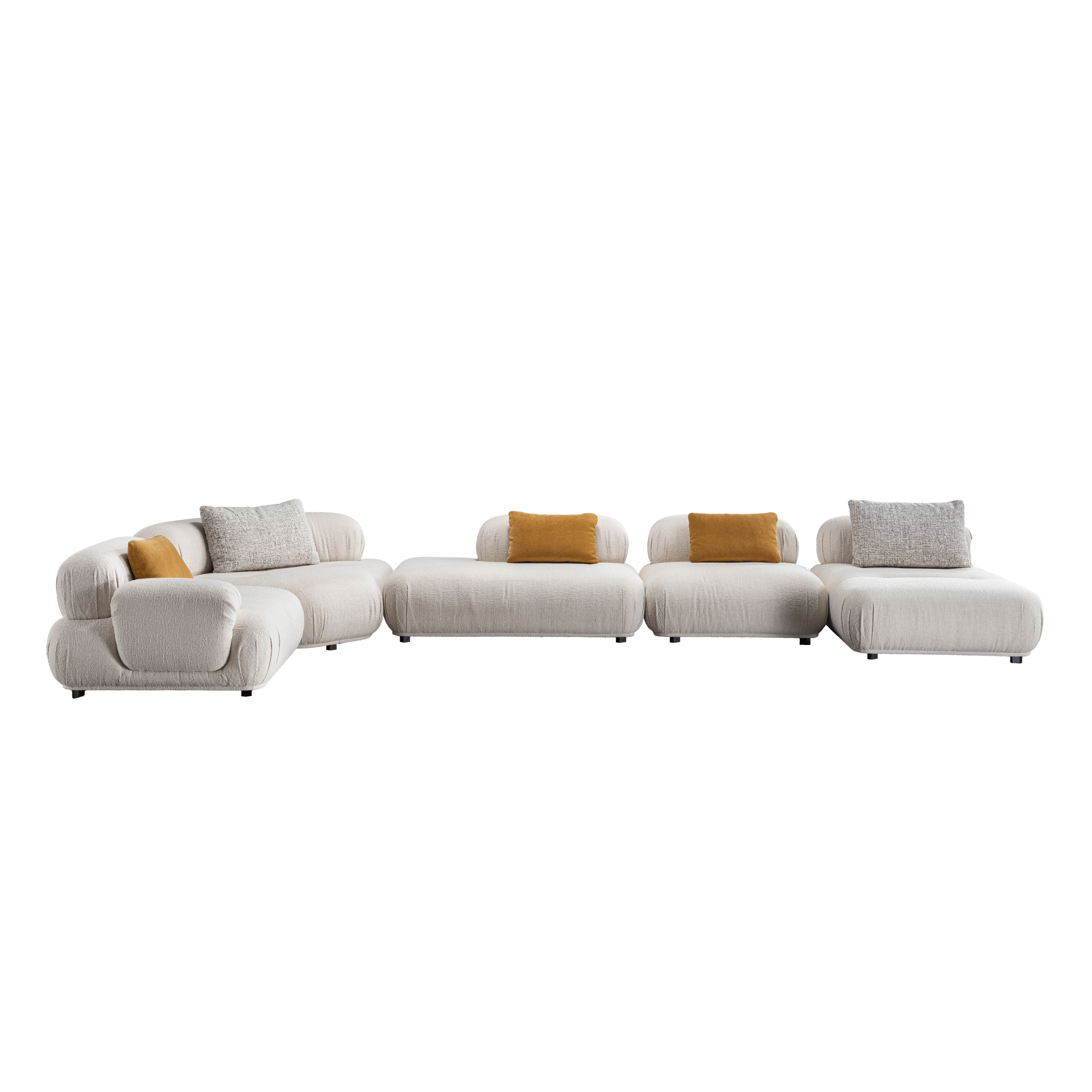 Modern white sectional sofa with yellow and gray cushions on a white background