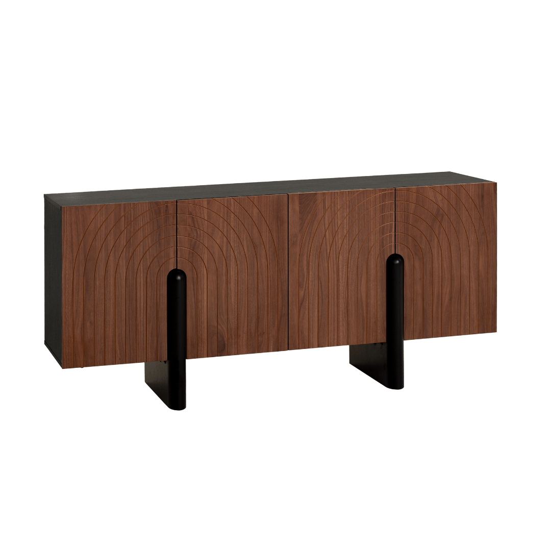 Wooden sideboard with black legs on a white background