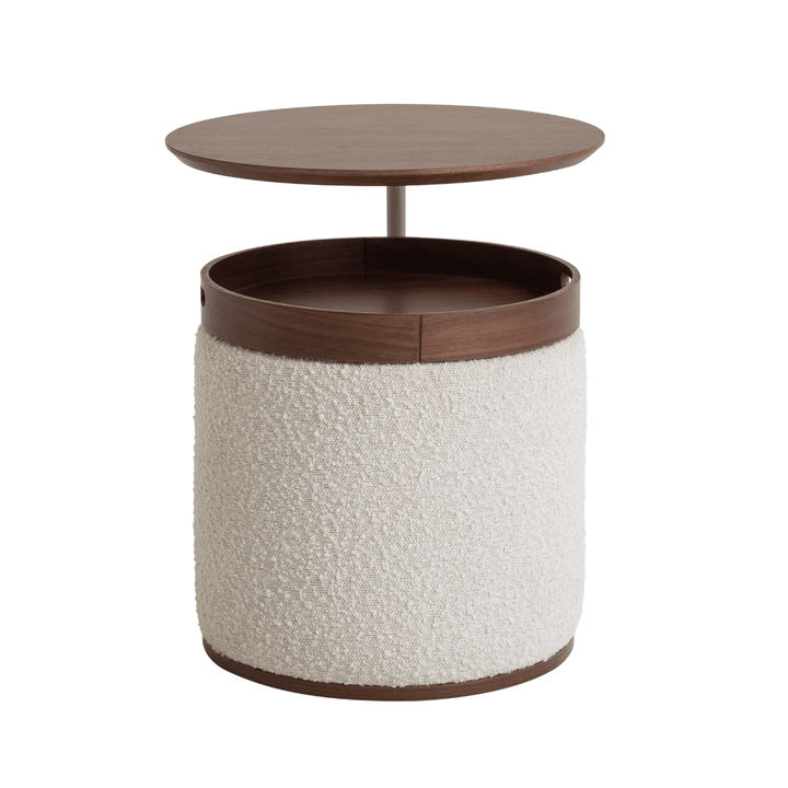 Round side table with wooden top and textured white base on a white background
