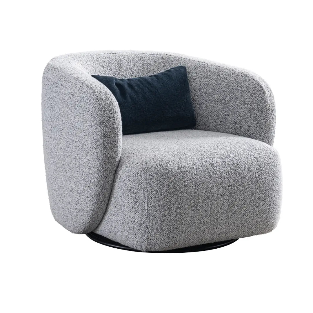 Gray swivel chair with a dark blue pillow on a white background