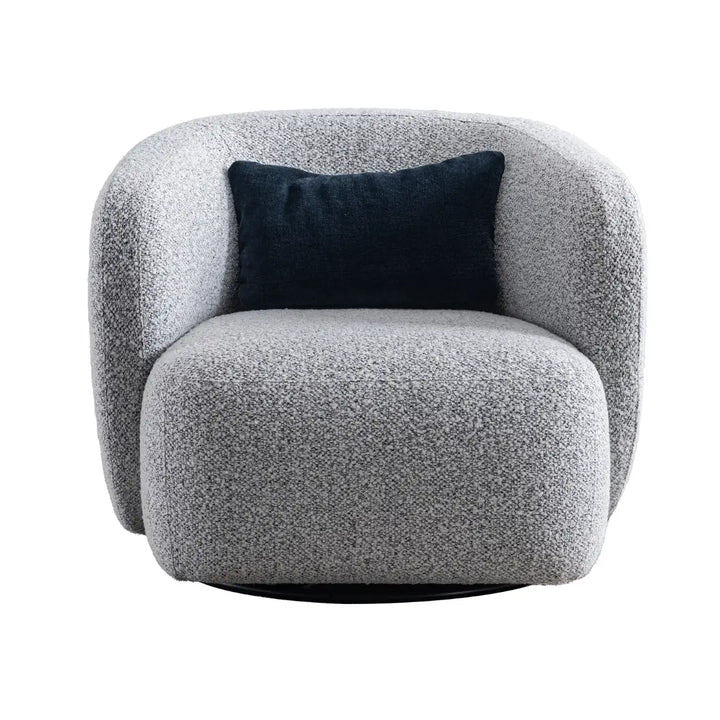Gray textured armchair with a dark blue pillow on a white background