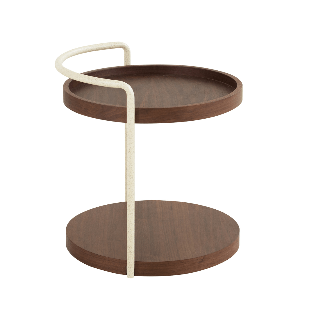 Two-tiered wooden serving tray with a white handle on a white background
