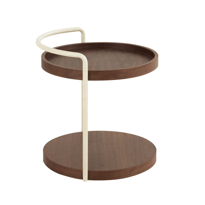 Two-tiered wooden serving tray with a white handle on a white background
