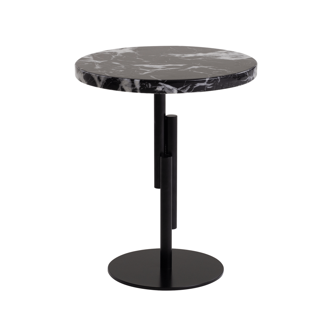 Round side table with marble top and black base on a white background