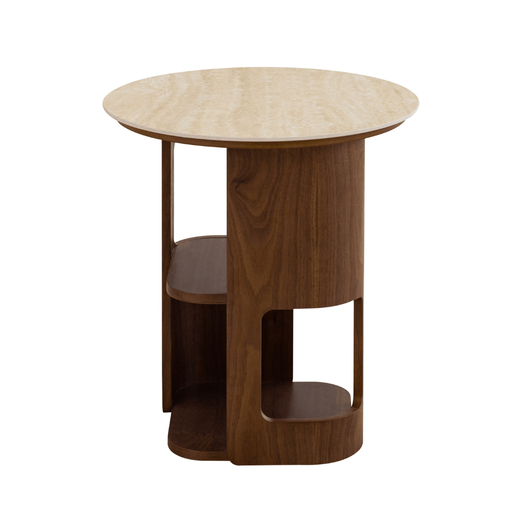 Wooden side table with a round top on a white background