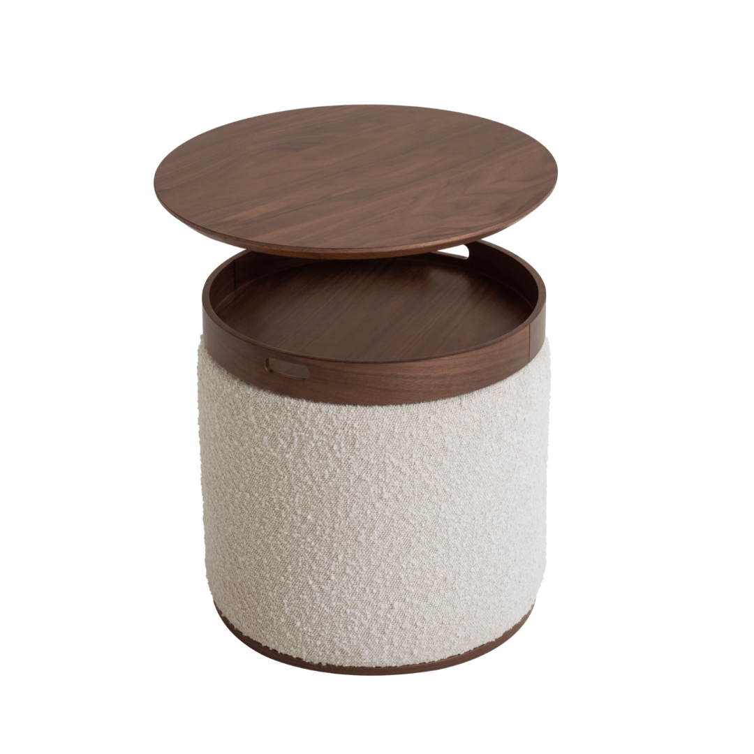 Round wooden stool with textured white base on a white background