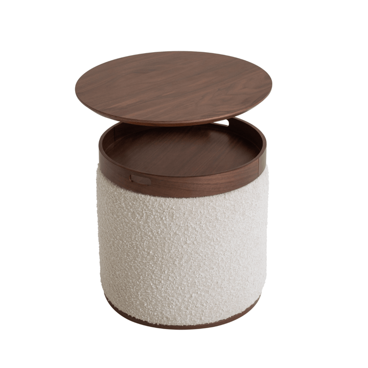Round wooden stool with textured white base on a white background