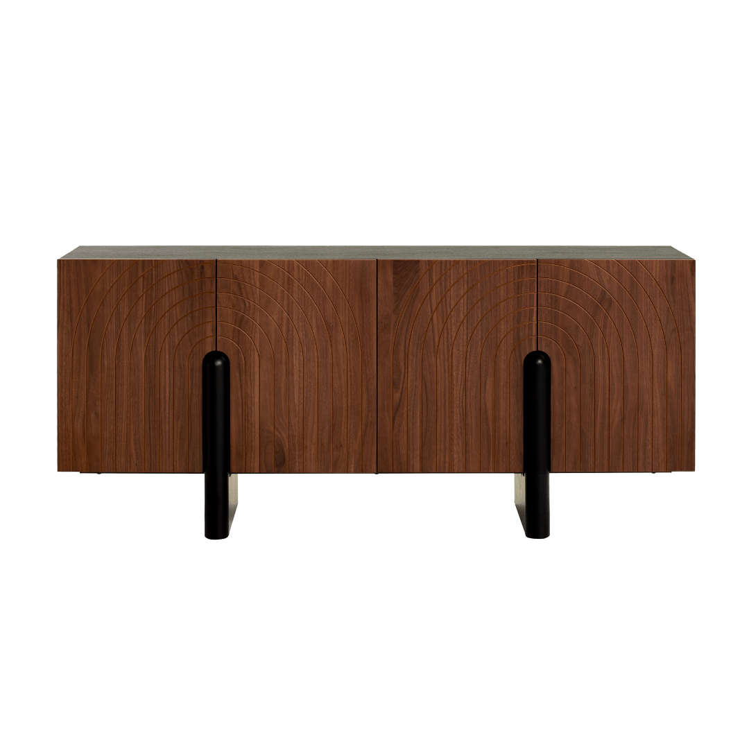 Wooden sideboard with black legs on a white background