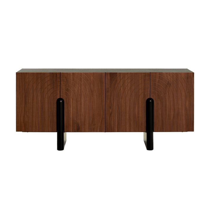 Wooden sideboard with black legs on a white background