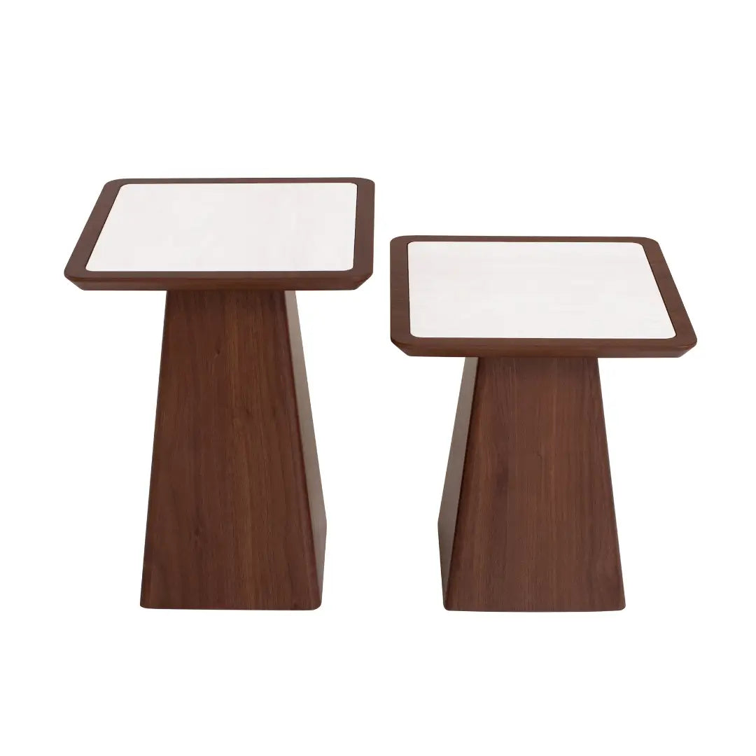 Two wooden side tables with white tops on a white background
