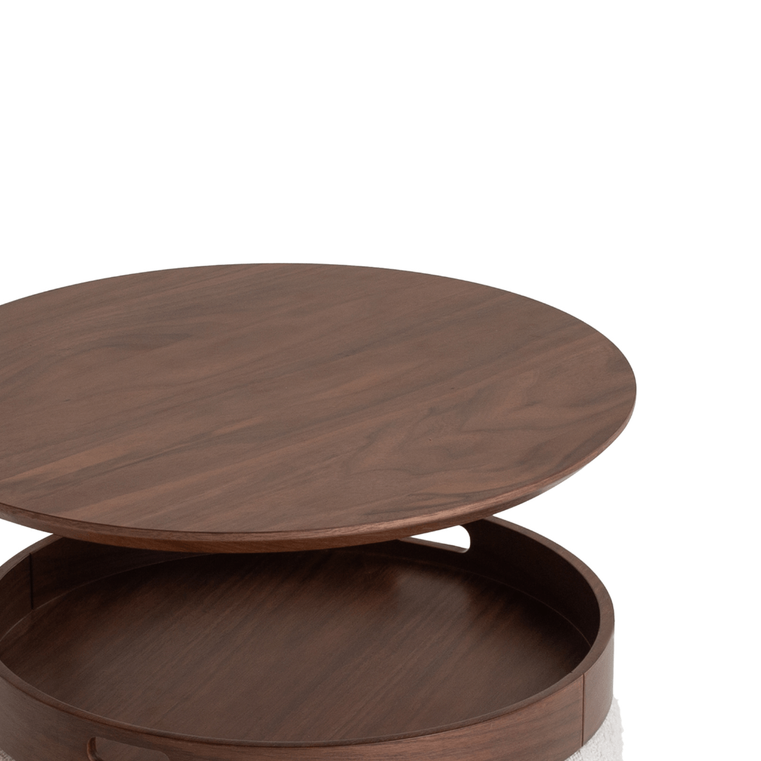 Wooden round coffee table with a tray on a white background