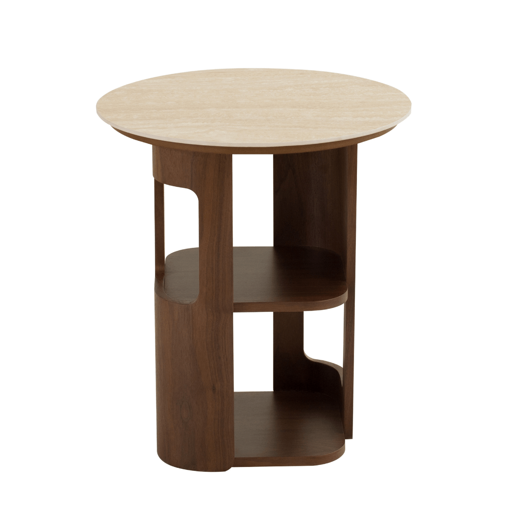 Wooden side table with round top and shelves on a white background