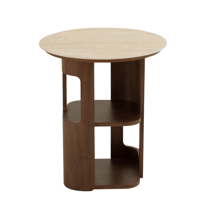 Wooden side table with round top and shelves on a white background