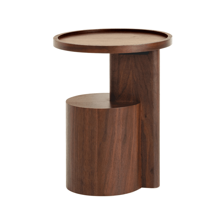 Wooden side table with round top and cylindrical base on a white background
