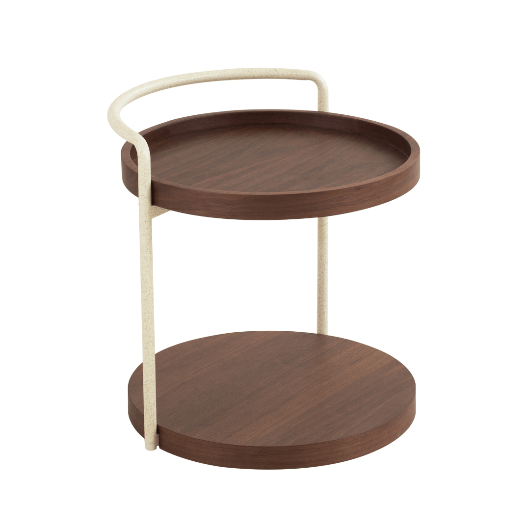 Two-tiered wooden tray table with a white handle on a white background