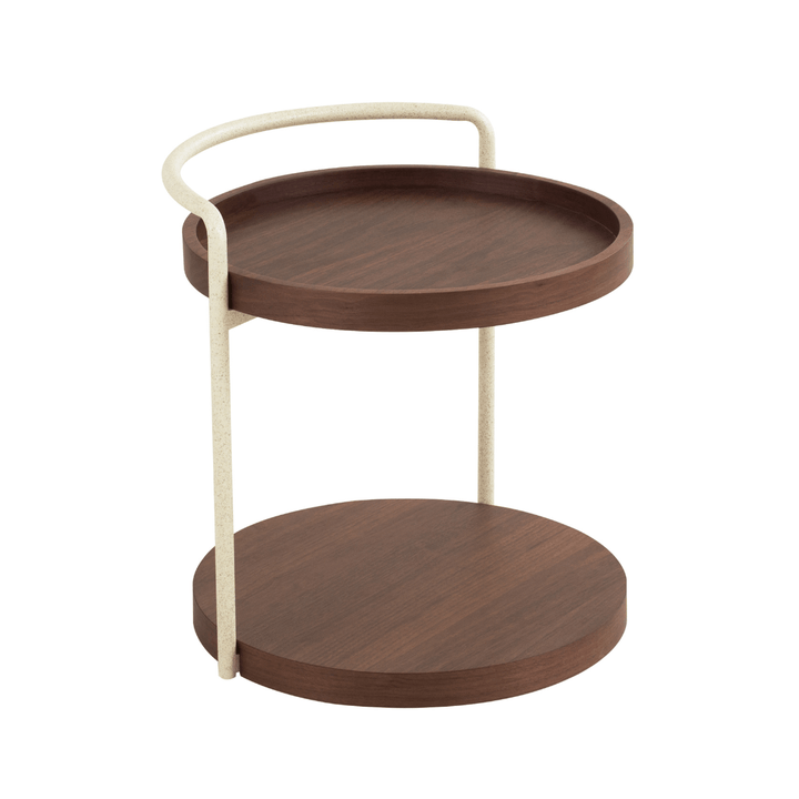 Two-tiered wooden tray table with a white handle on a white background
