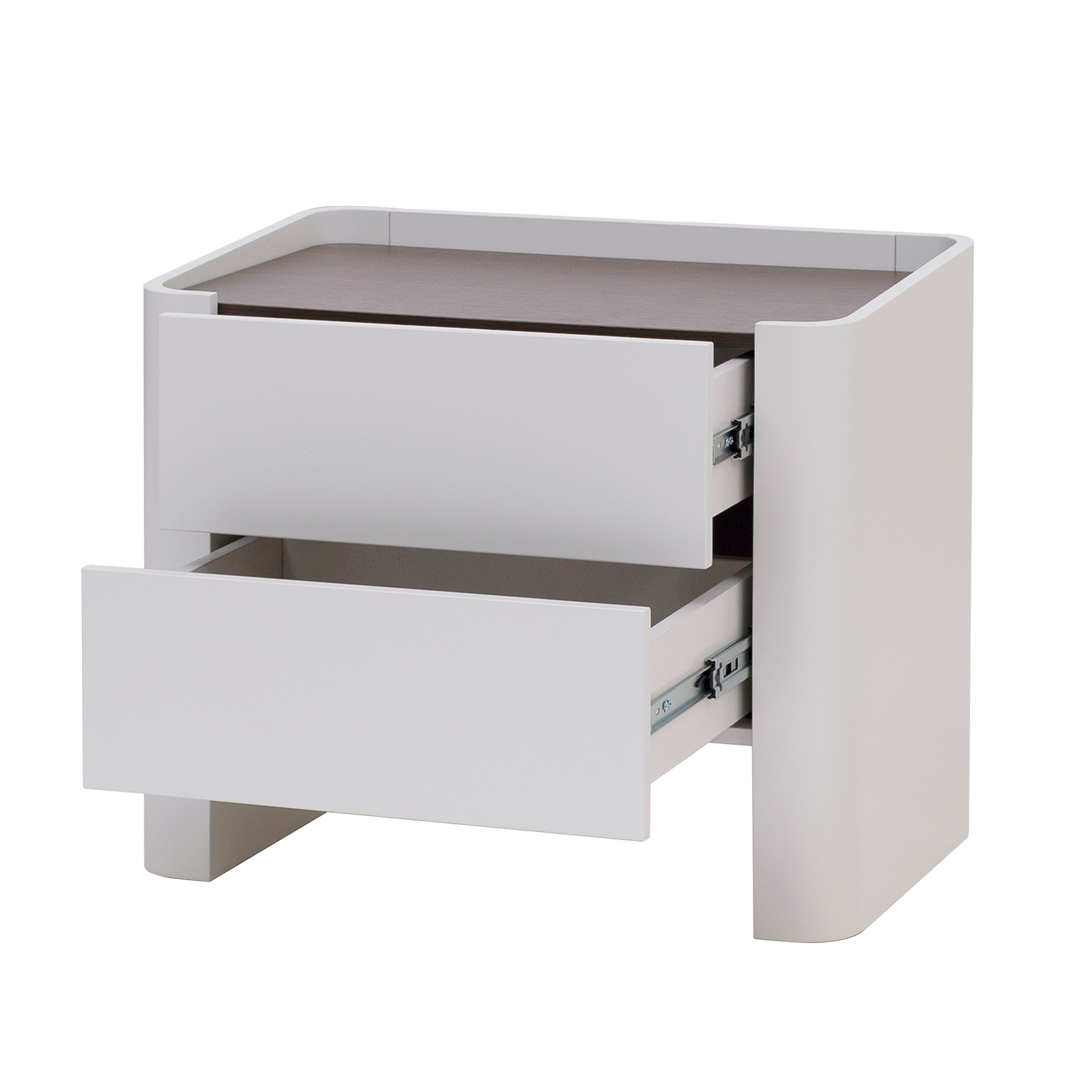 White drawer unit with two drawers on a white background