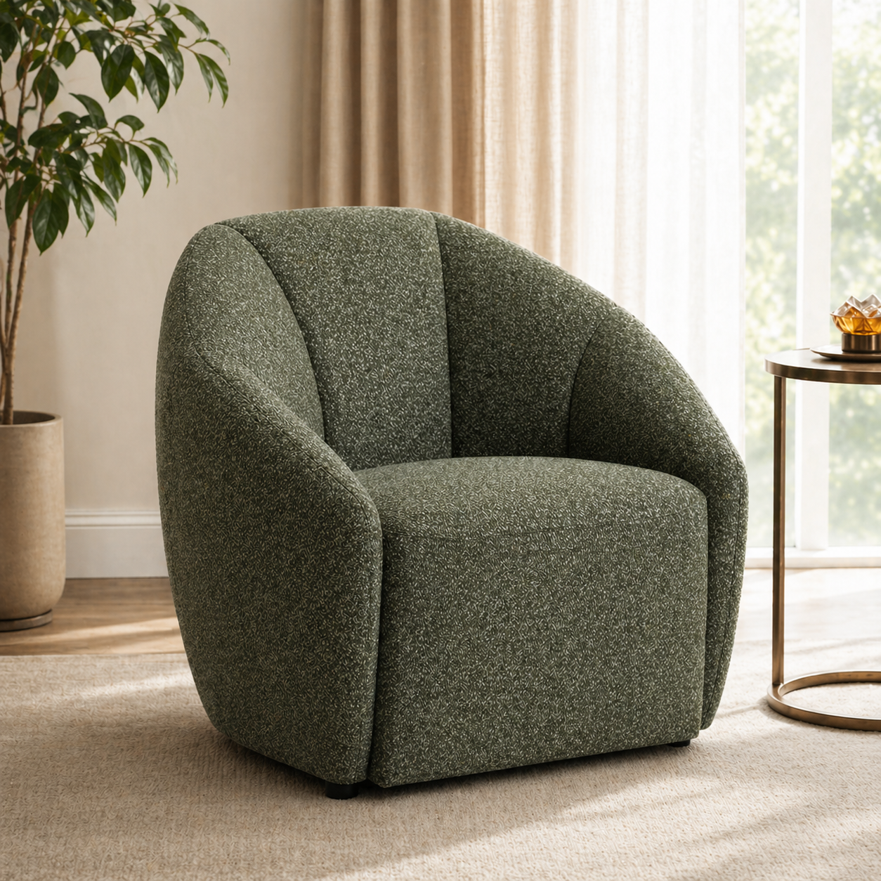 Green armchair in a room with a plant and table