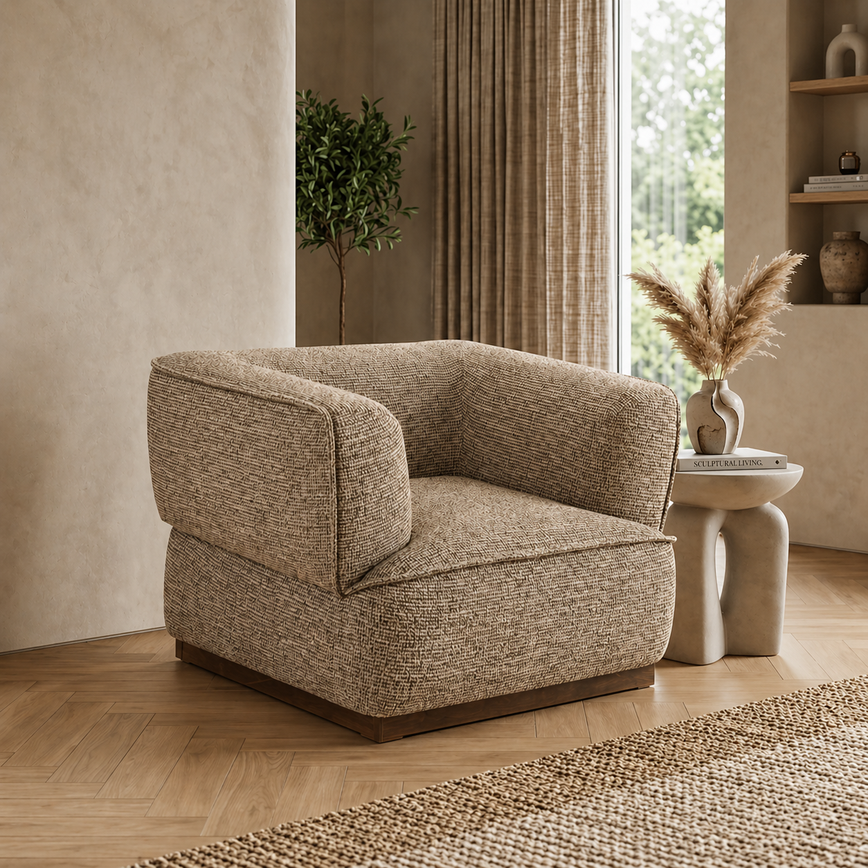 Brown textured armchair in a room with a window, plant, and small table.