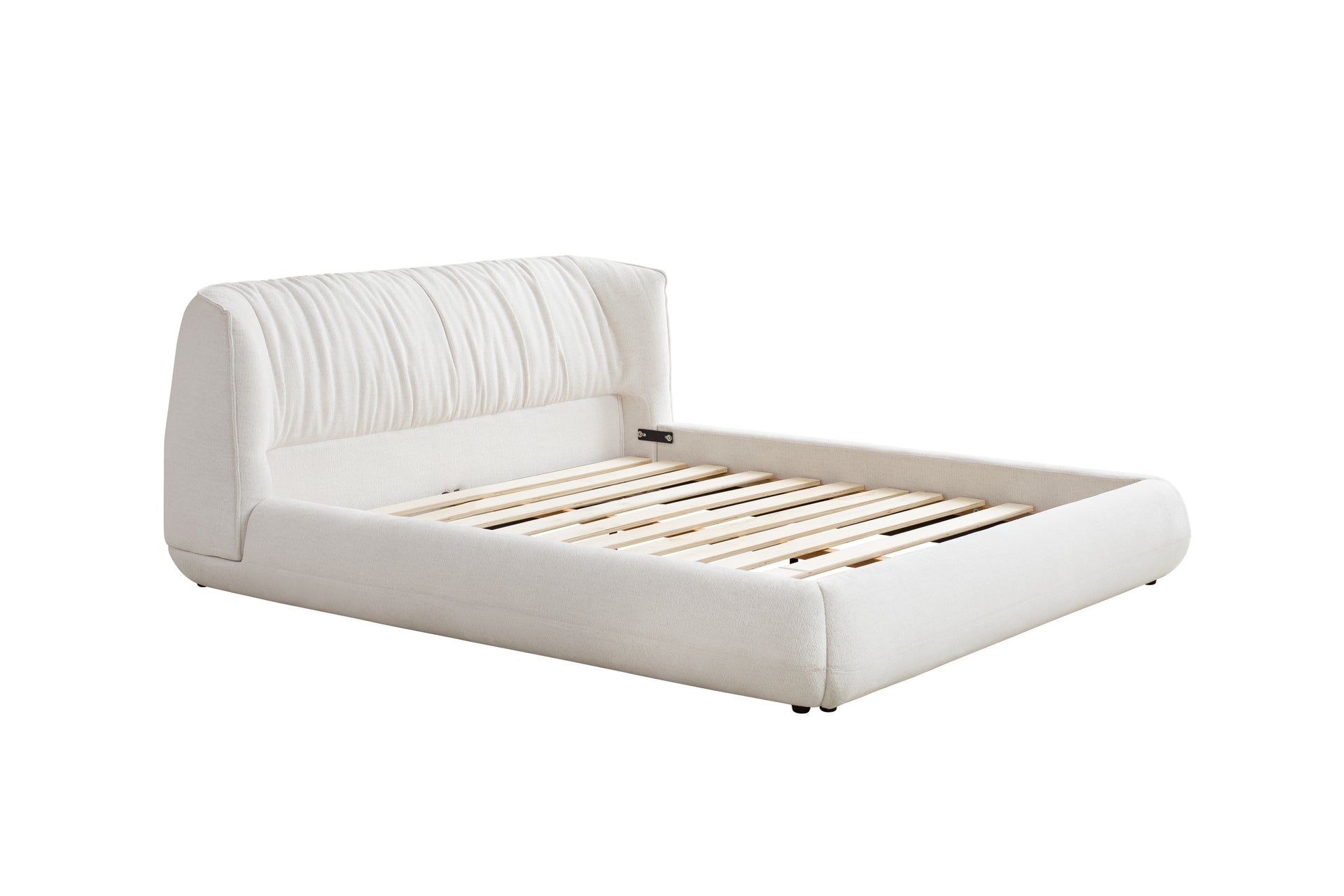 White bed frame with wooden slats on a white background