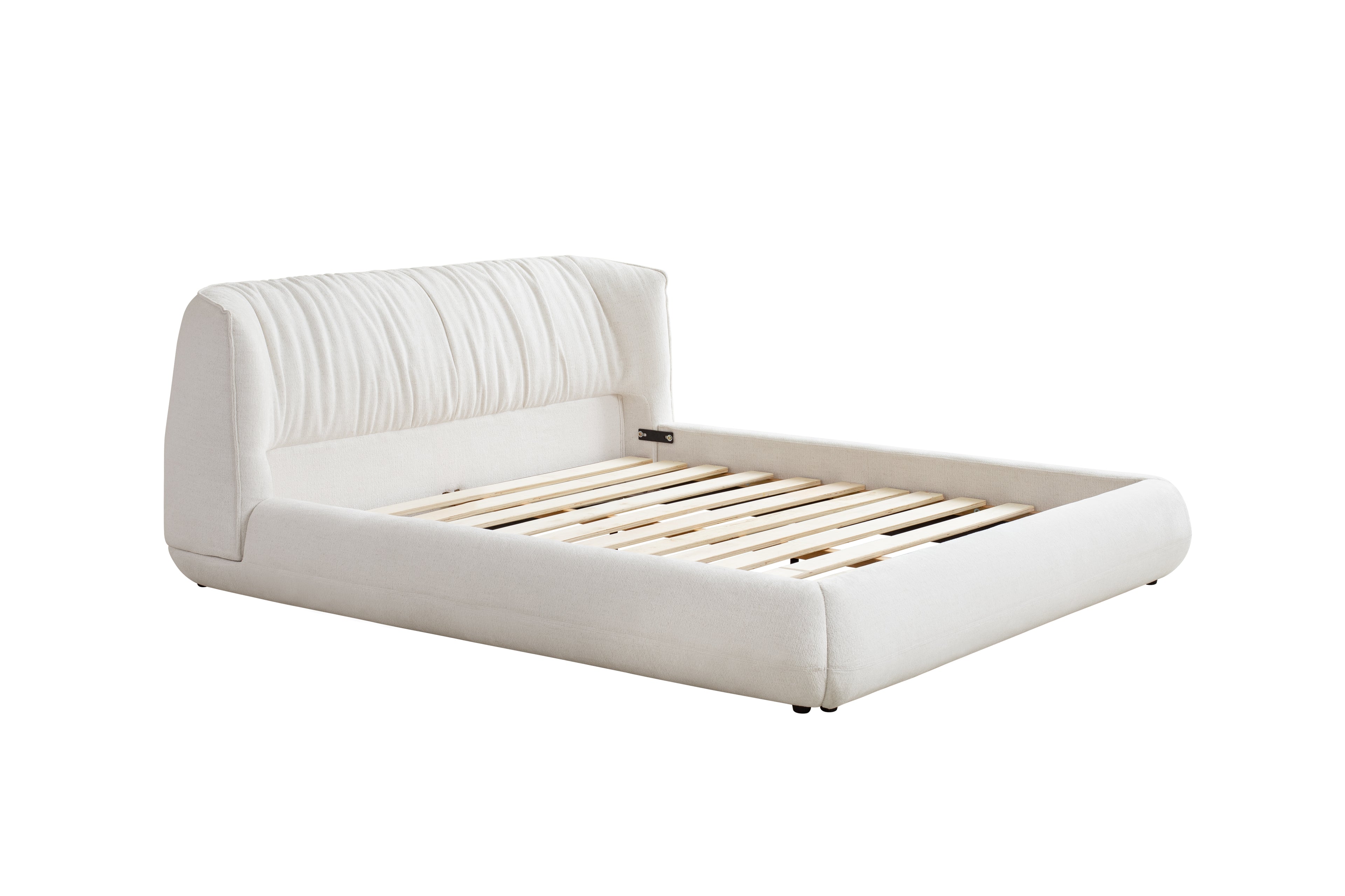 White bed frame with wooden slats on a white background
